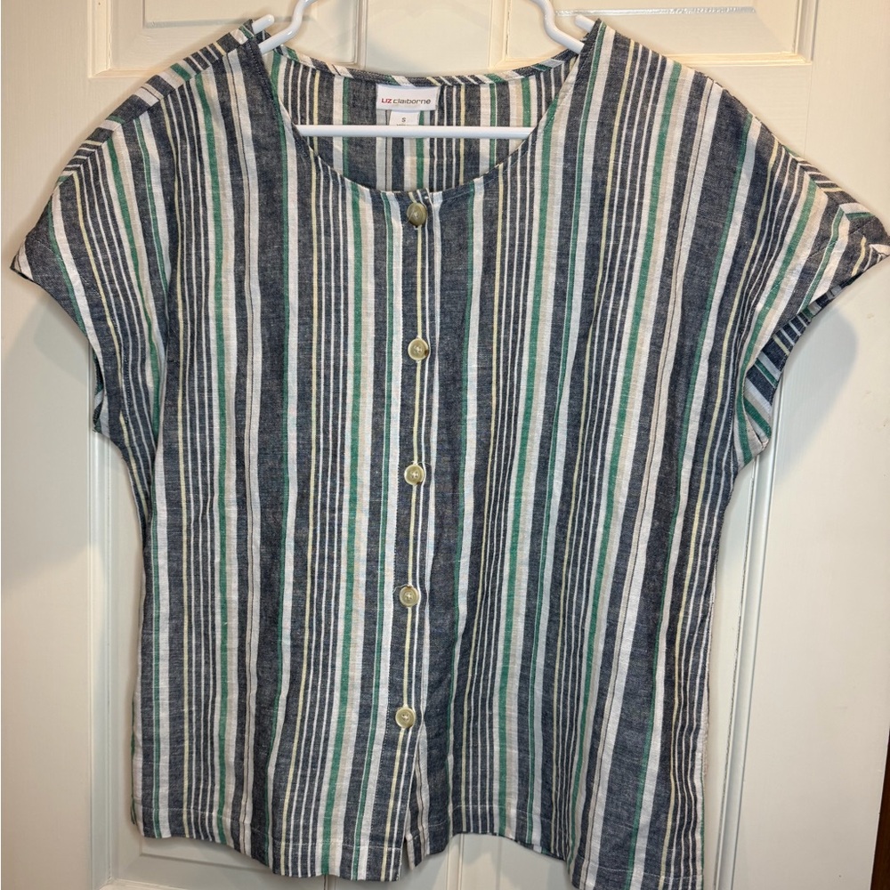 Liz Claiborne Blue and Green Striped Button-Down Shirt linen cotton EUC size S